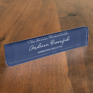 Simple Office Navy Blue And White Script Job Title Nameplate