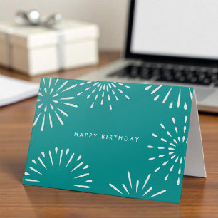 Simple Office Teal Blue White Fireworks Birthday Card