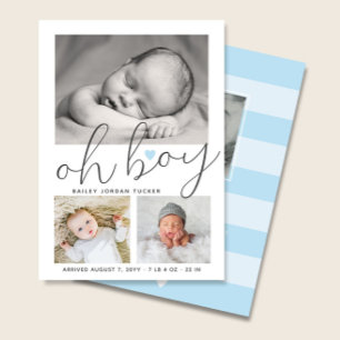 Simple Oh Boy Blue Heart Collage Photo Birth Announcement