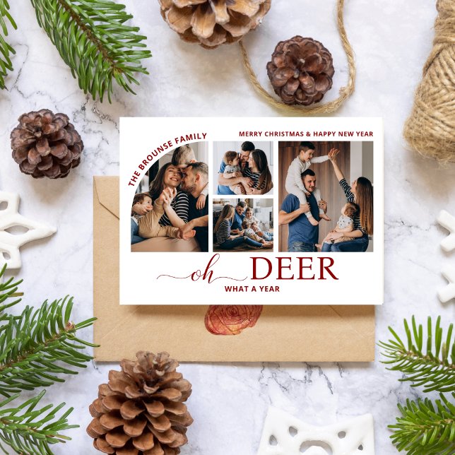Simple Oh Deer What a Year Photo Collage Christmas Card ( Oh Deer What a Year minimalist reindeer funny humor Simple Oh Deer What a Year Photo Collage )