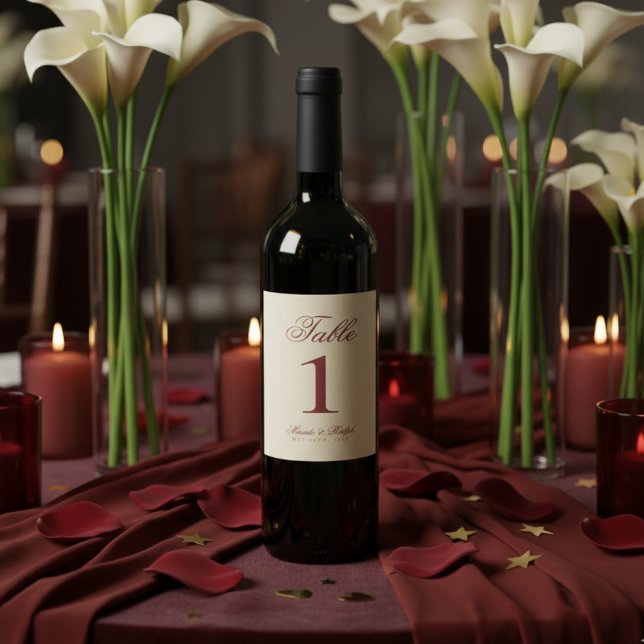 Simple Old Money Bold Red Wedding Table Numbers Wine Label (Guide guests to their seats with sophistication using these Old Money Red Wedding Table Numbers!)