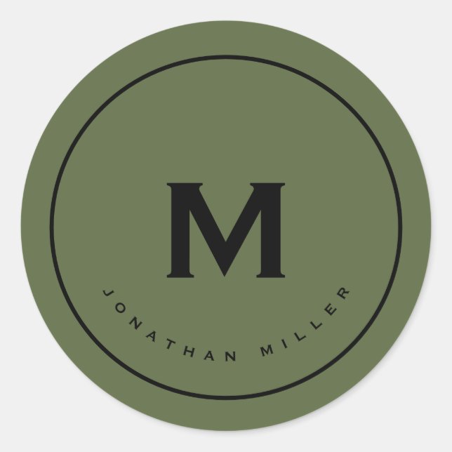 Simple Olive Black Classic Monogram Round Sticker (Front)