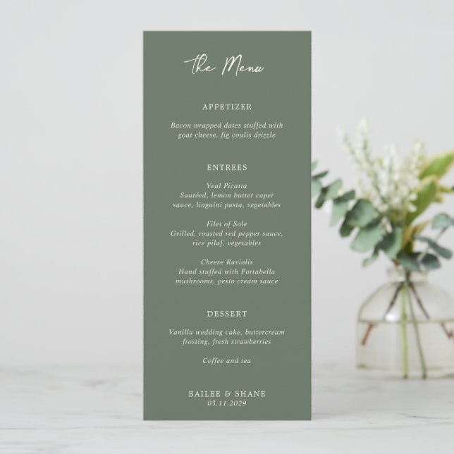 Simple Olive Green Modern Wedding Menu (Standing Front)