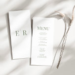 Simple Olive Green Monogram Wedding Menu Card<br><div class="desc">Elevate your wedding reception with the Simple Olive Green Monogram Wedding Menu Card. Featuring a crisp white background and elegant olive green text, this minimalist design highlights a personalised monogram at the top. The clean lines and straightforward layout ensure the focus remains on the culinary offerings, adding a touch of...</div>
