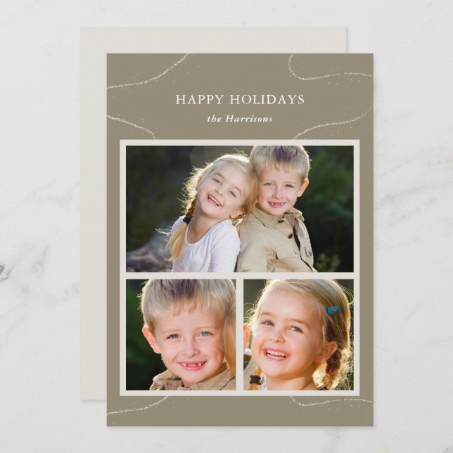 Simple Olive Green Multi Photo Collage Christmas Holiday Card (Front/Back)