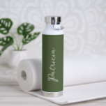 Simple Olive Green Name Elegant Script Modern Water Bottle<br><div class="desc">Modern olive green water bottle featuring a simple and minimalist design with your name in an elegant script.  A cute design perfect for a girly girl.</div>