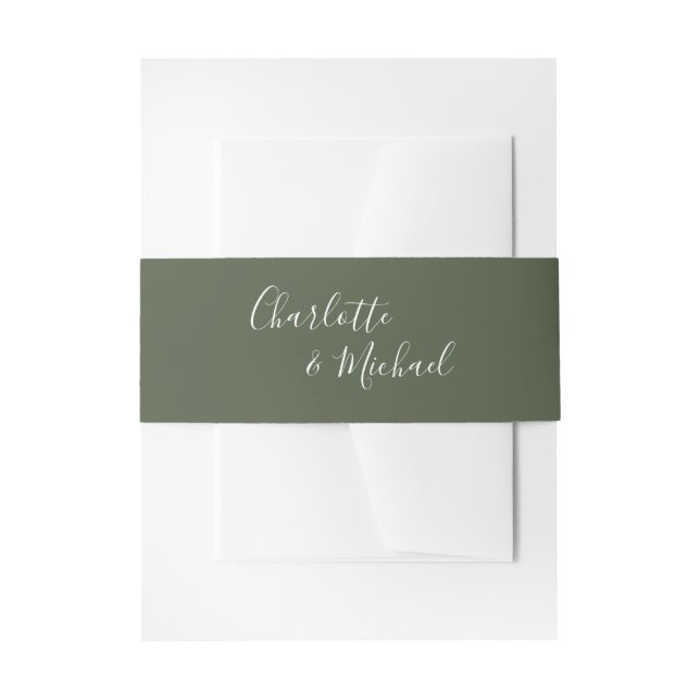 Simple Olive Green Signature Script Invitation Belly Band (Front Example)