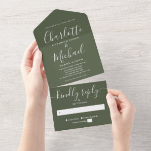 Simple Olive Green signature Script wedding All In One Invitation