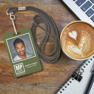 Simple Olive Green Square Monogram Logo Photo Badg ID Badge