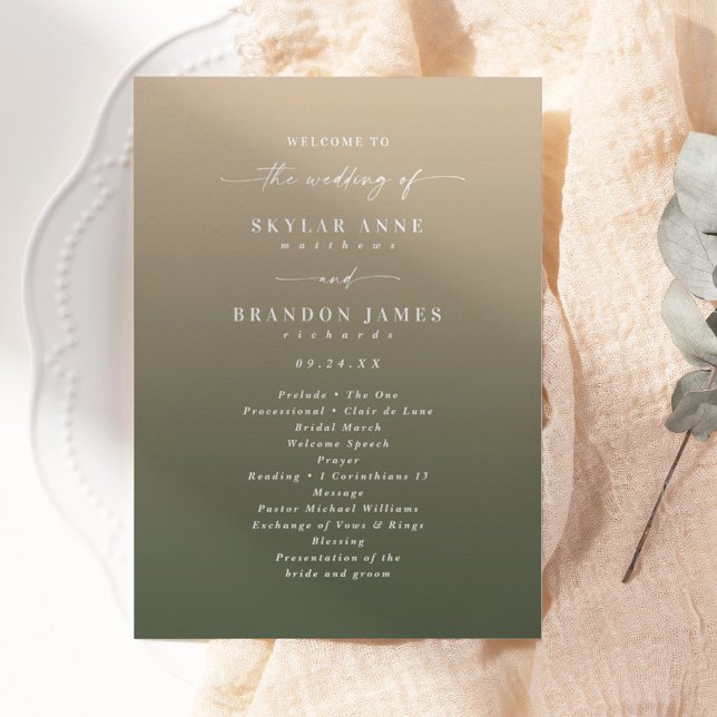 Simple Ombre Dark Green & Gold Wedding Ceremony Programme (Creator Uploaded)
