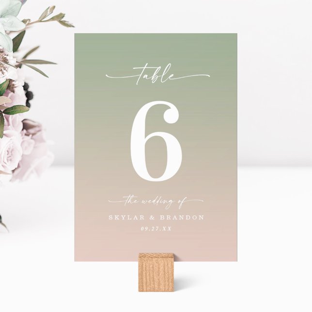 Simple Ombre Leaf Green & Light Pink Wedding Table Number (Creator Uploaded)