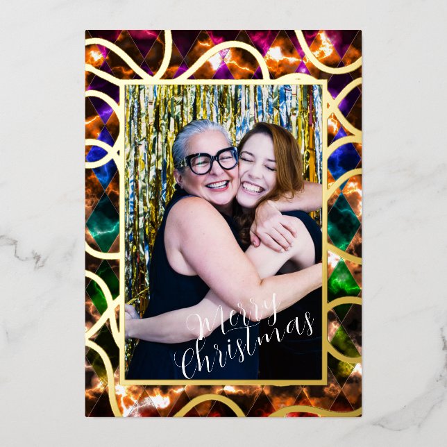 Simple One Photo Multicolor Foil Holiday Card (Front)