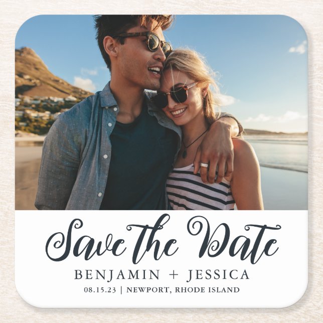 Simple One Photo Wedding Save the Date Navy Square Paper Coaster (Front)