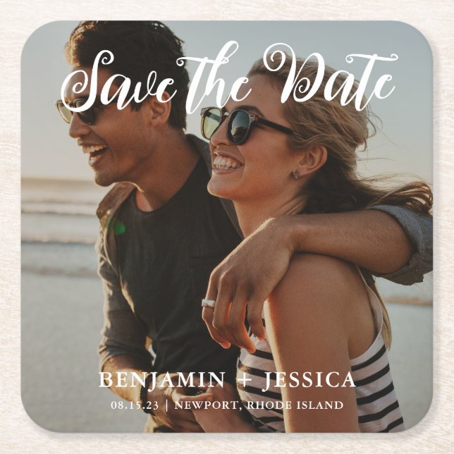 Simple One Photo Wedding Save the Date Square Paper Coaster (Front)