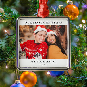 Simple One Sided Our First Christmas Couple Photo Metal Tree Decoration