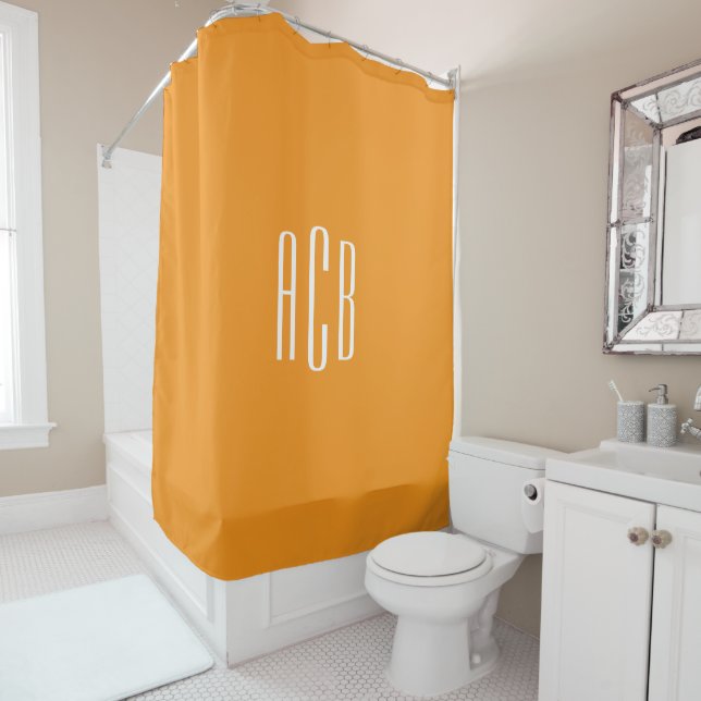 Simple Orange and White Three Letter Monogram Shower Curtain (In Situ)