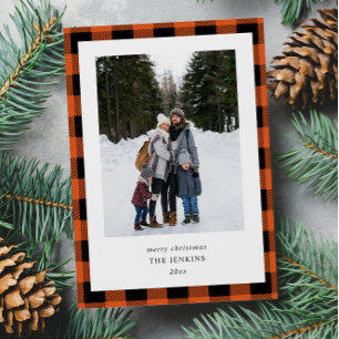 Simple Orange Black Plaid  2 Photos Christmas Holiday Card