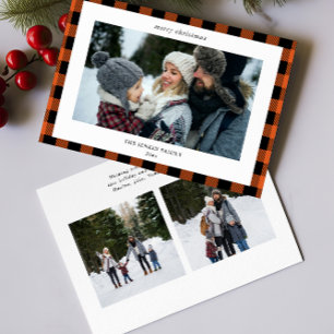 Simple Orange Black Plaid Border 3 Photo Christmas Holiday Card