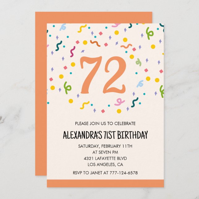 Simple Orange Confetti 72nd birthday invitations  (Front/Back)