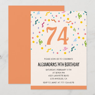 Simple Orange Confetti 74th birthday invitations