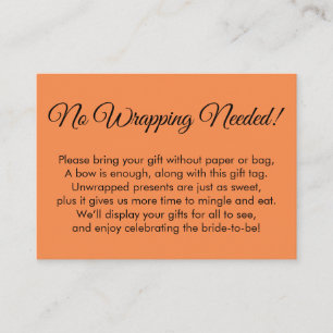 Simple Orange "No Wrapping Needed" Bridal Shower Enclosure Card