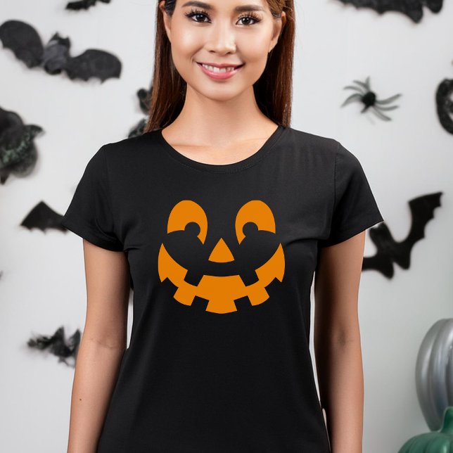Simple Orange Pumpkin Face Silhouette Halloween T-Shirt (Please note: This image is a digital mockup.)