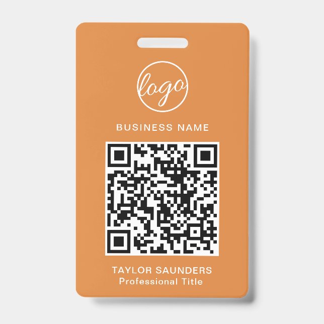 Simple Orange QR Code Employee ID Badge (Front)