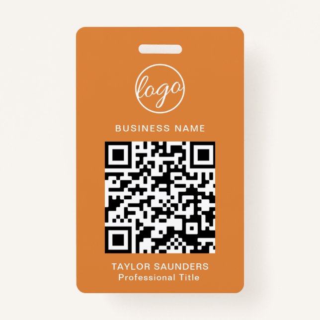 Simple Orange QR Code Employee ID ID Badge (Front)