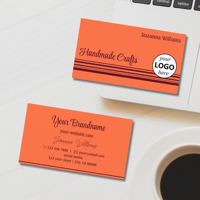 Simple Orange Red Decor Stripes with Logo Classic Business Card (Creator Uploaded)