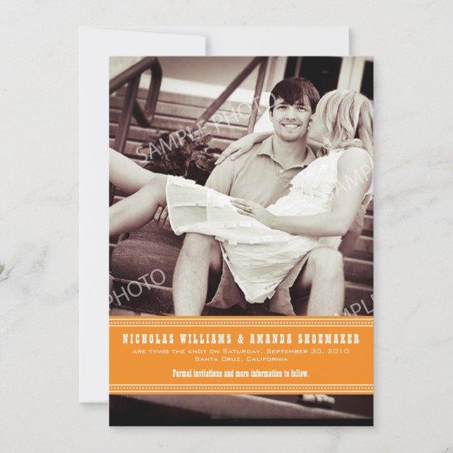 Simple Orange Ribbon Save the Date Announcement (Front)