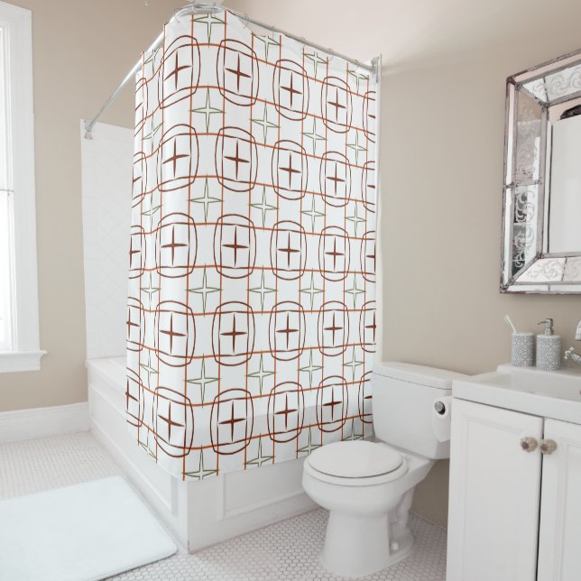 Simple Orange White Brown and Green Pattern Shower Curtain (In Situ)