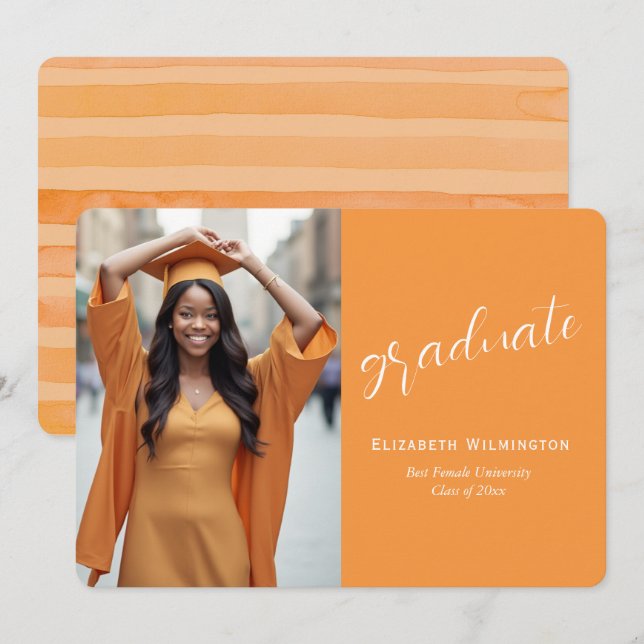 Simple Orange White Photo Graduation Announcement (Front/Back)