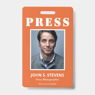 Simple Orange White Photo Press ID Badge
