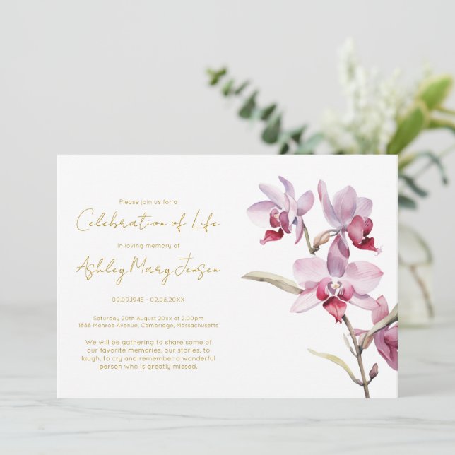 Simple Orchid Celebration of Life Funeral Invitation (Standing Front)