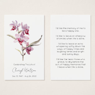Simple Orchid Funeral Memorial Prayer Card