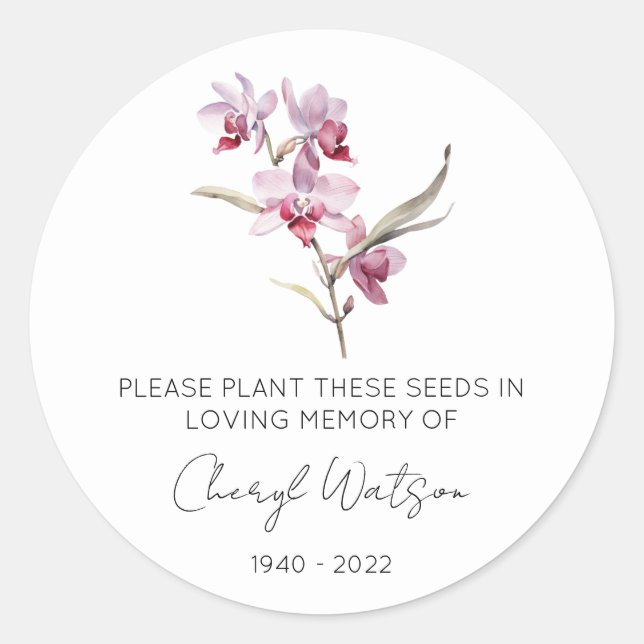 Simple Orchid Memorial Seed Packet Classic Round Sticker (Front)