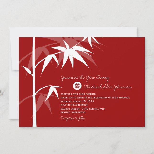 Simple Oriental Bamboo Tree Modern Chinese Wedding Invitation (Front)