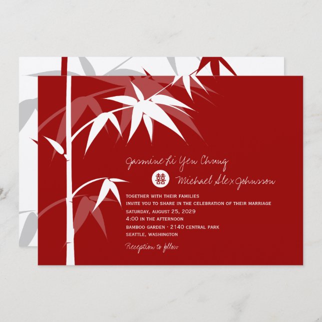 Simple Oriental Bamboo Tree Modern Chinese Wedding Invitation (Front/Back)