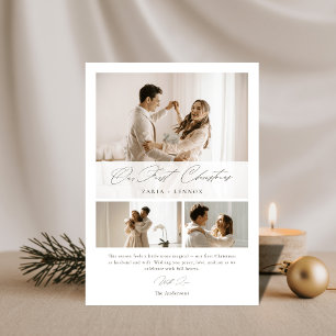 Simple Our First Christmas Elegant Script 3 Photo Holiday Card