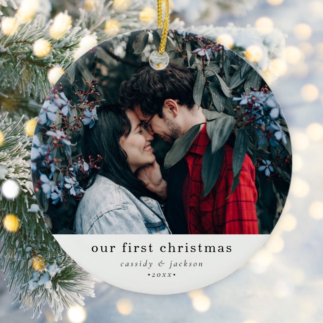 Simple Our First Christmas Engaged Couple Photo Ceramic Tree Decoration (Creator Uploaded)