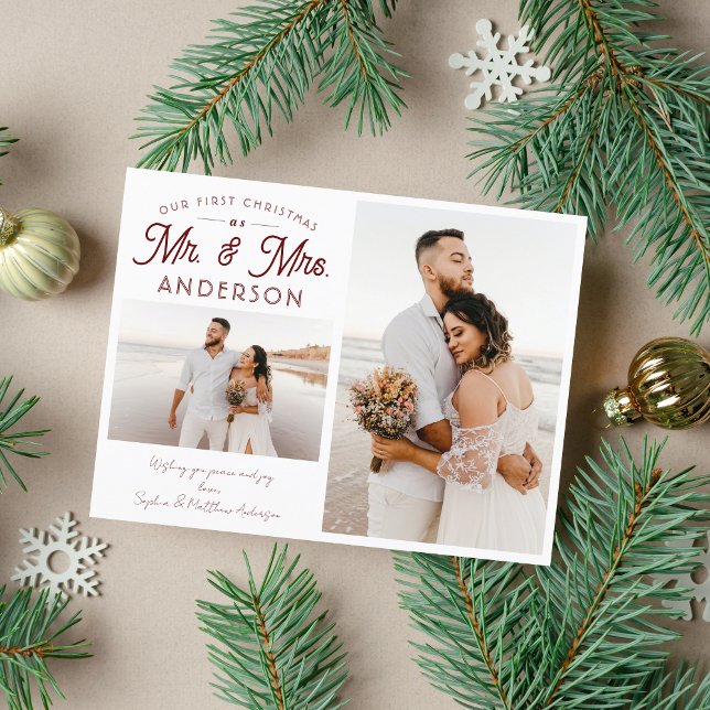 Simple Our First Christmas Mr. and Mrs. Two Photo Announcement Postcard (Creator Uploaded)
