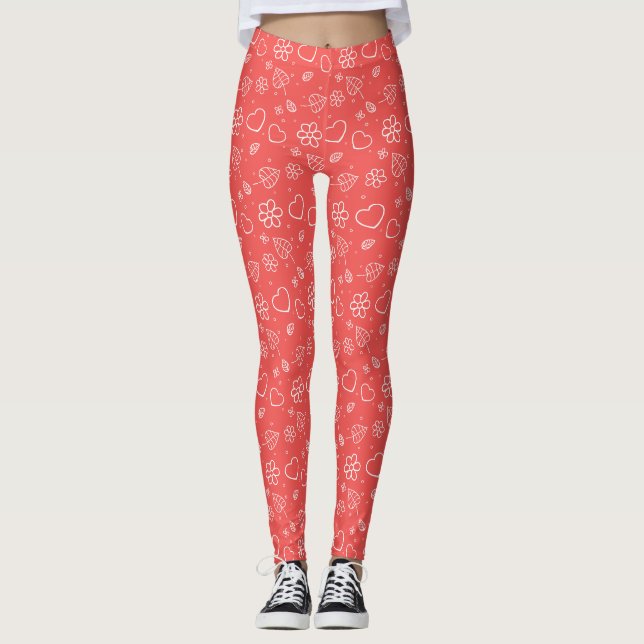 Simple Outlined Hearts and Leaves Leggings (Front)