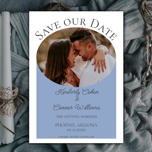 Simple Oval Photo Save the Date | Dusty Blue (Dusty Blue Simple Oval Photo Save the Date)