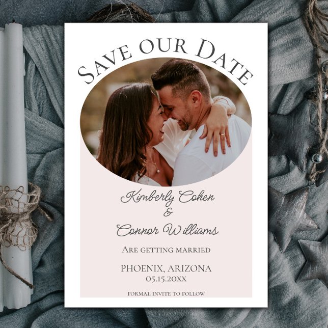 Simple Oval Photo Save the Date | Pink (Pink Simple Oval Photo Save the Date)