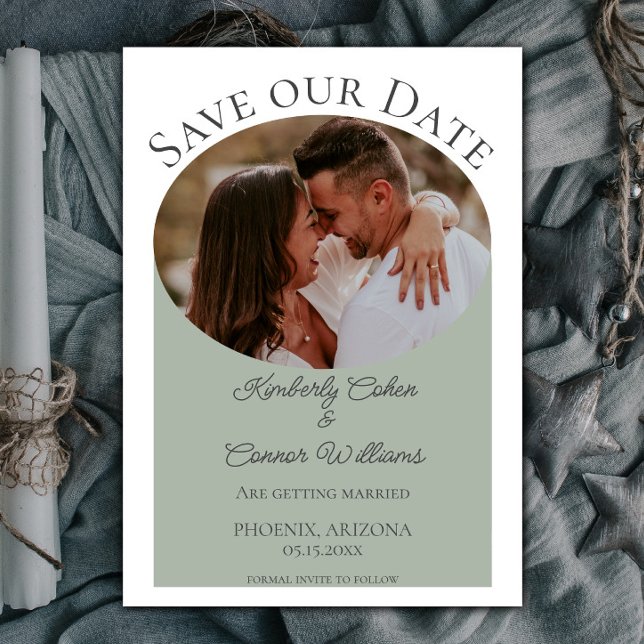 Simple Oval Photo Save the Date | Sage Green (Sage Green Simple Oval Photo Save the Date)