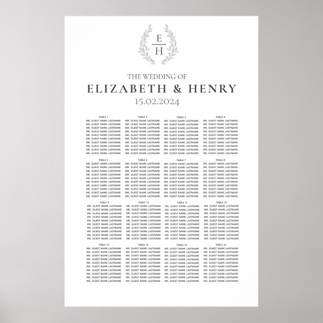 Simple Oval Wreath Monogram Black White Seating  Poster (Front)