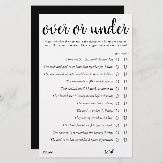 Simple Over or Under | Black and White Game Card (Front/Back)