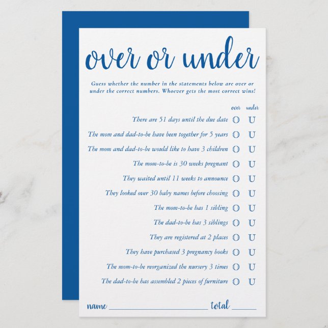 Simple Over or Under | Classic Blue Game Card (Front/Back)