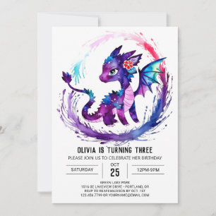 Simple Painted Dragon Digital Girl Birthday Invitation