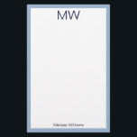 Simple Pale Blue & White Monogrammed Personal Stationery<br><div class="desc">A large midnight blue monogram is at the top. A line of midnight blue display text is at the bottom for your name or a custom message. All text can be edited or deleted. This personal stationery has a baby blue border.</div>